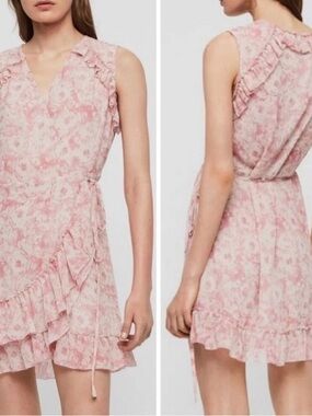 AllSaints Pink and Cream Floral Wrap Mini Dress with Ruffle Trim